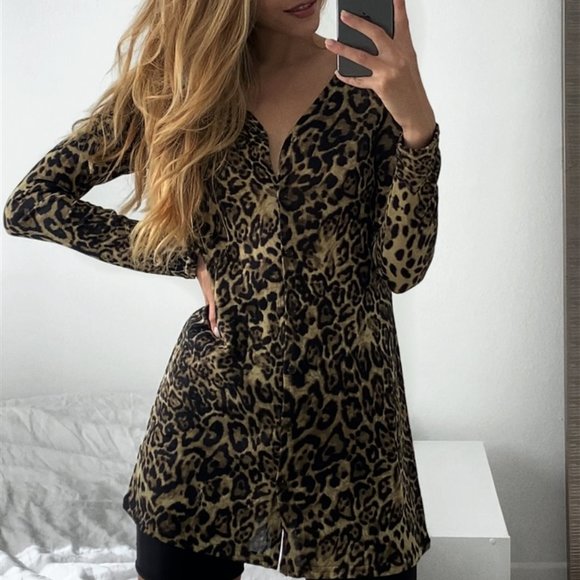 FIERCE DOLLZ Leopard Print Long Sleeve Button Down - Picture 1 of 4